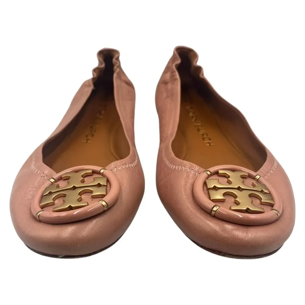 Tory Burch Ballet Flats Shoes Multi Logo Leather Elastic Collar Pink Size 9